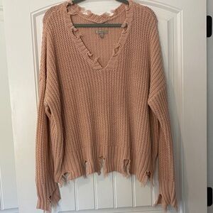 Wonderly V-Neck Distressed Sweater in Blush